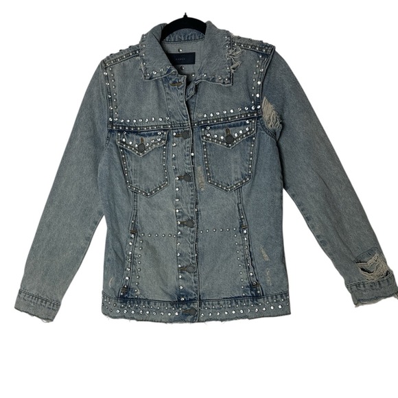 BLANKNYC Denim Jacket Womens XS Blue Studded Pearl Distressed Star Oversized - Picture 2 of 10